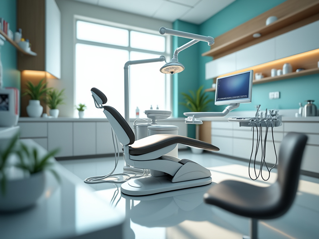 Consultorio dental moderno con silla, equipo médico y decoración minimalista.