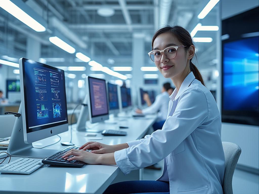 Mujer joven trabajando en una oficina moderna con computadoras, usando gafas y ropa formal. Mujer joven trabajando en una oficina moderna con computadoras, usando gafas y ropa formal.