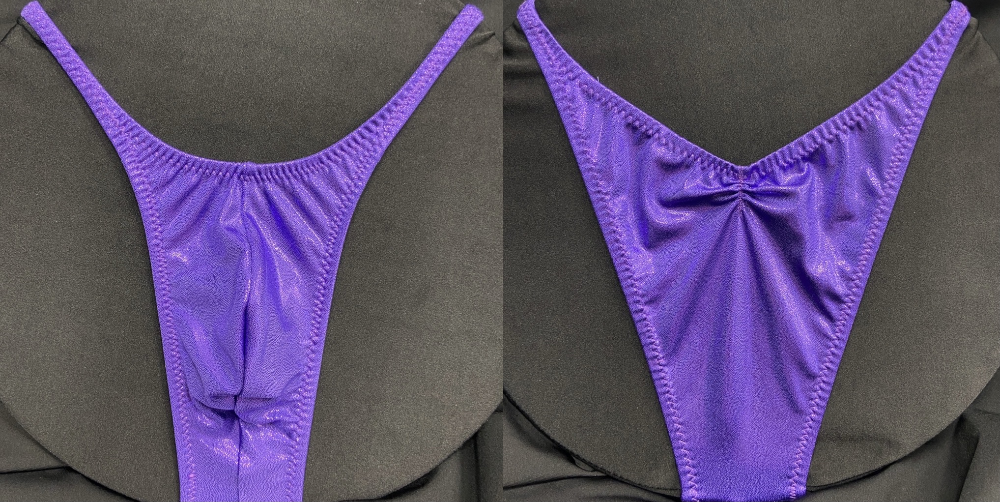 Purple wetlook fabric
Pro Cut 
available in S,M,L,XL
back gathers optional
$65