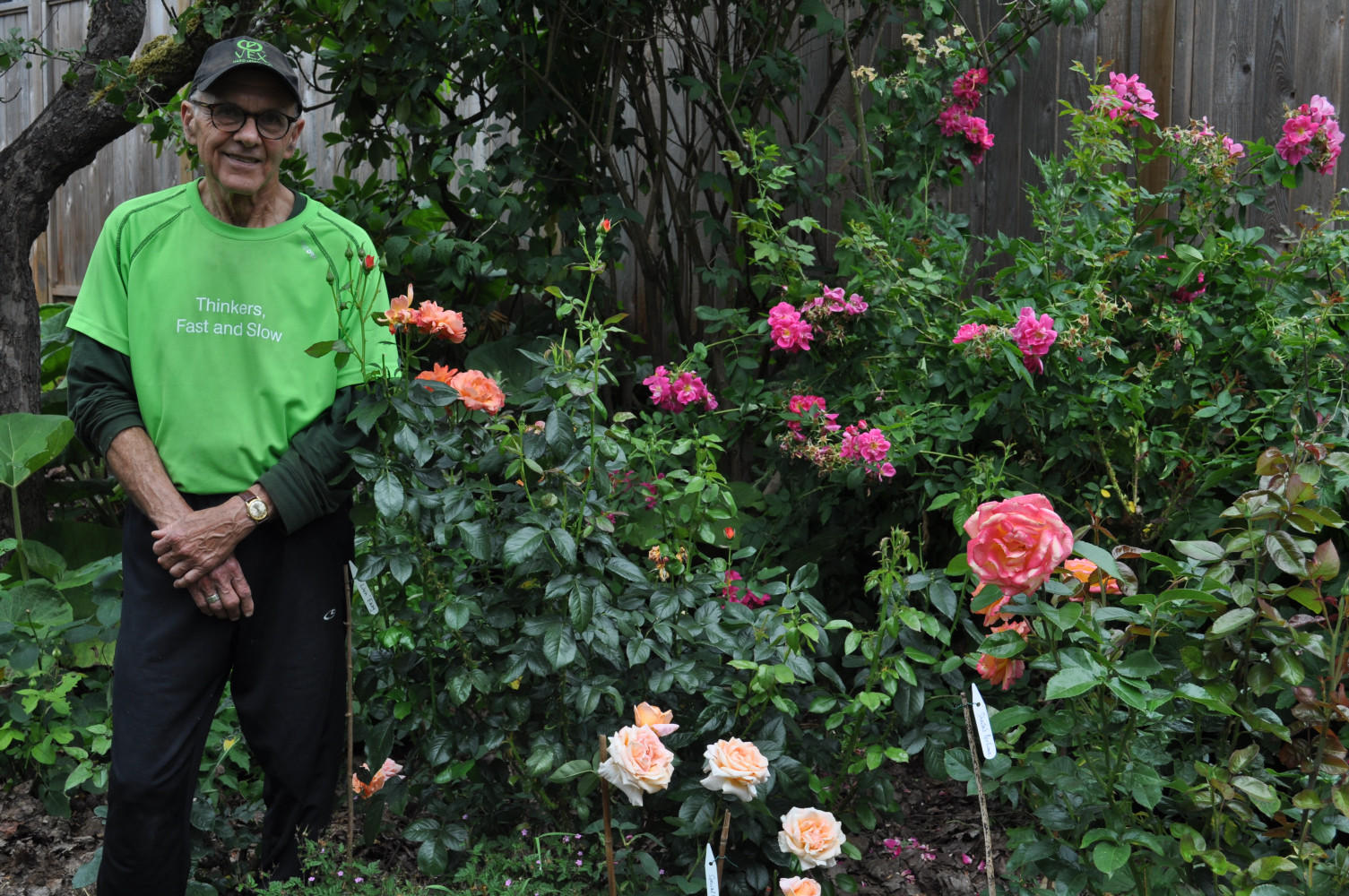 Alister among a few of his many award-winning roses in his Vancouver garden.