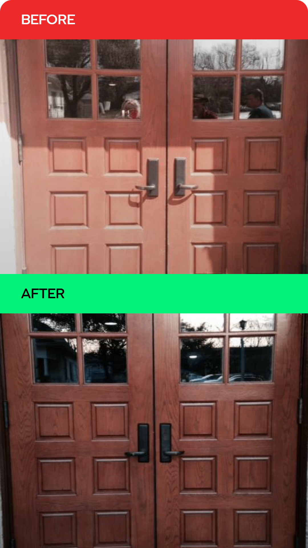 Before and after image showing a wooden door with square panels, highlighting the changed appearance of door handles and finish.