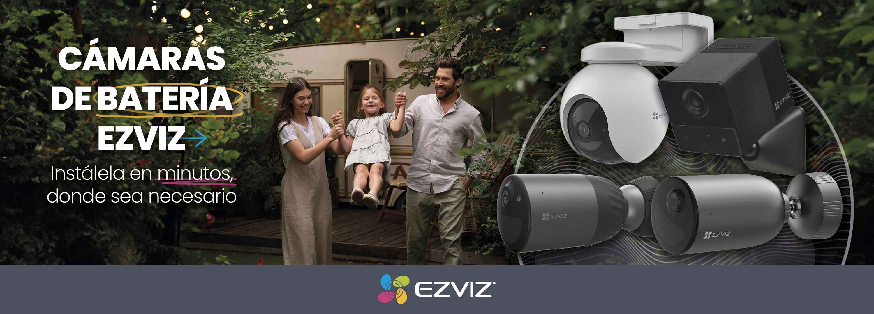 Publicidad de cámaras de batería EZVIZ con familia al aire libre y varios modelos de cámaras.