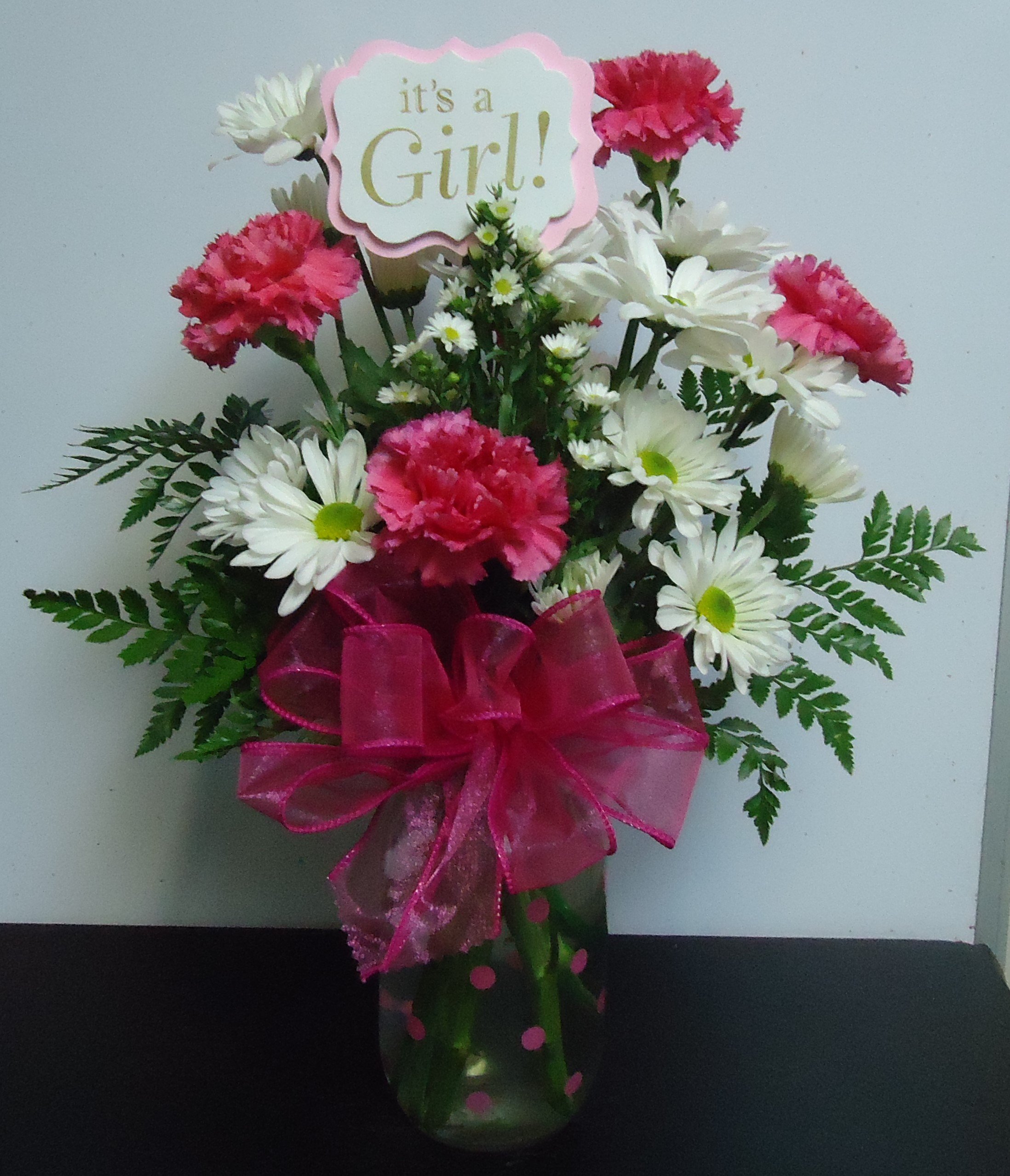 (6)  ''IT'S A GIRL''  
"Fresh" Daisy & Carnation Vase  
    $45.00