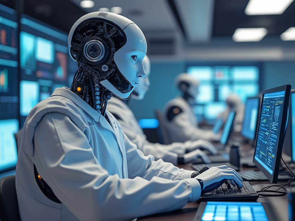 Robots humanoides con inteligencia artificial trabajando en computadoras en un laboratorio tecnológico futurista