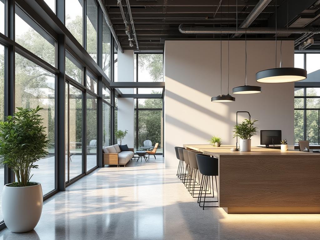 Moderna oficina con amplias ventanas, plantas y mobiliario minimalista en tonos neutros.