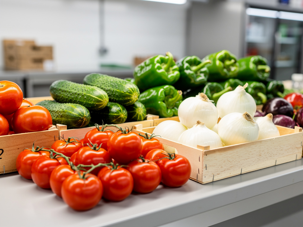 Verduras frescas en cajas de madera con tomates, pepinos, pimientos verdes y cebollas blancas en cocina profesional