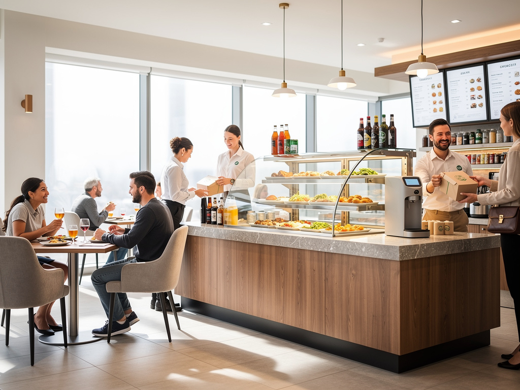 Cafetería moderna con vitrina de comida, clientes sentados y personal atendiendo pedidos