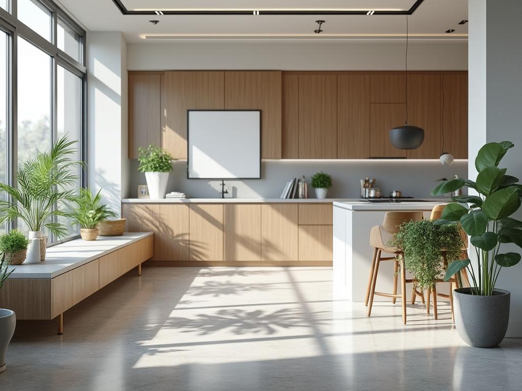 Cocina moderna con muebles de madera clara, isla central y plantas decorativas junto a grandes ventanas.