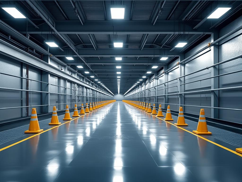 Pasillo industrial con conos de tráfico naranjas alineados en el centro, iluminación moderna y estructura metálica.
