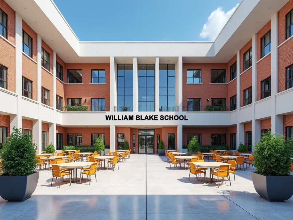Vista frontal de la escuela William Blake con patio al aire libre, mesas y sillas anaranjadas, y arquitectura moderna de ladrillo rojo.