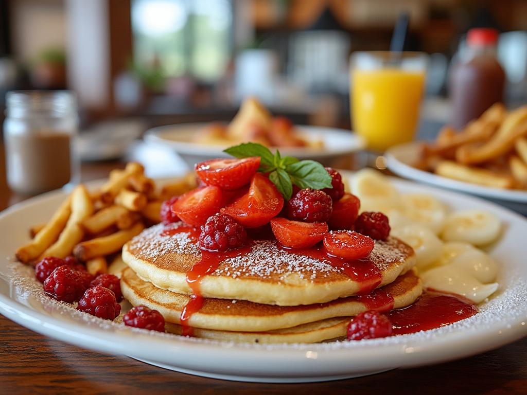 Delicious pancakes topped with fresh raspberries and strawberries, served with fries and orange juice.