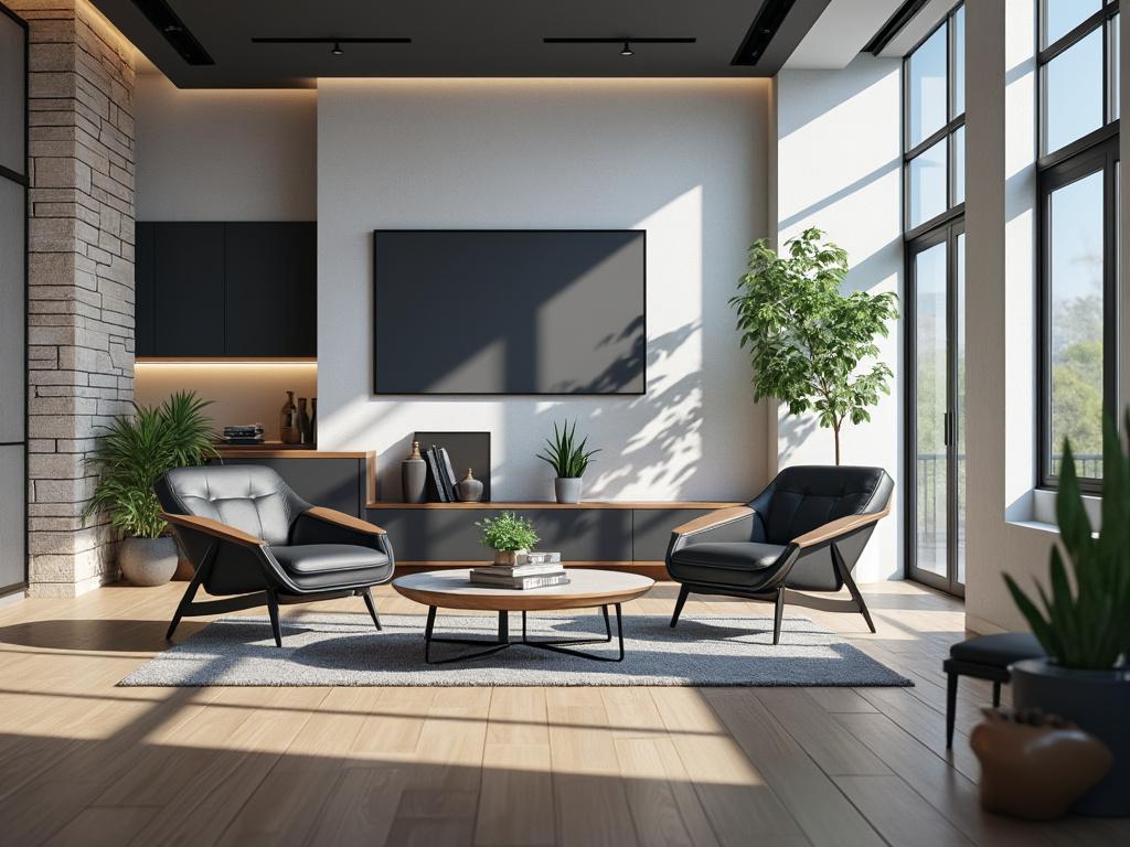 Modern living room with black chairs, large windows, indoor plants, wall-mounted TV, and wooden flooring.