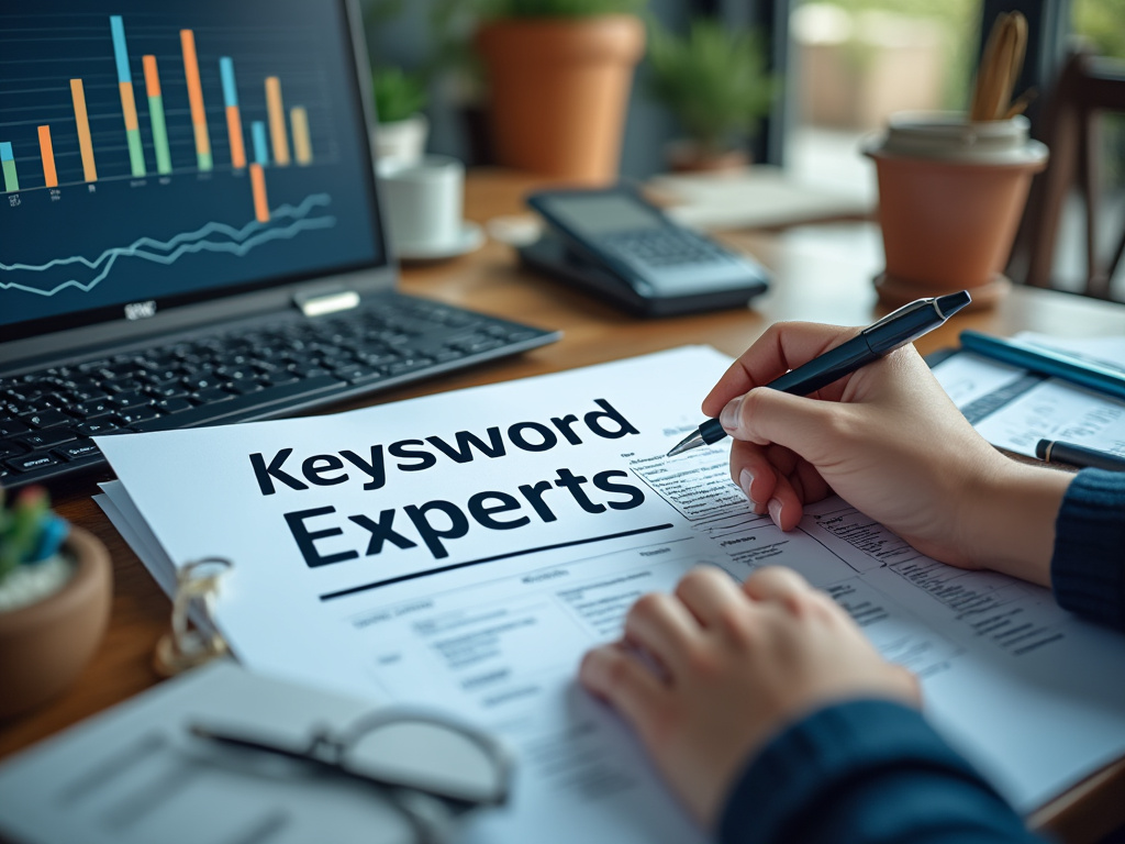 Person writing on a document titled 'Keyword Experts' at a desk with a laptop displaying a colorful bar chart, surrounded by office supplies and potted plants.