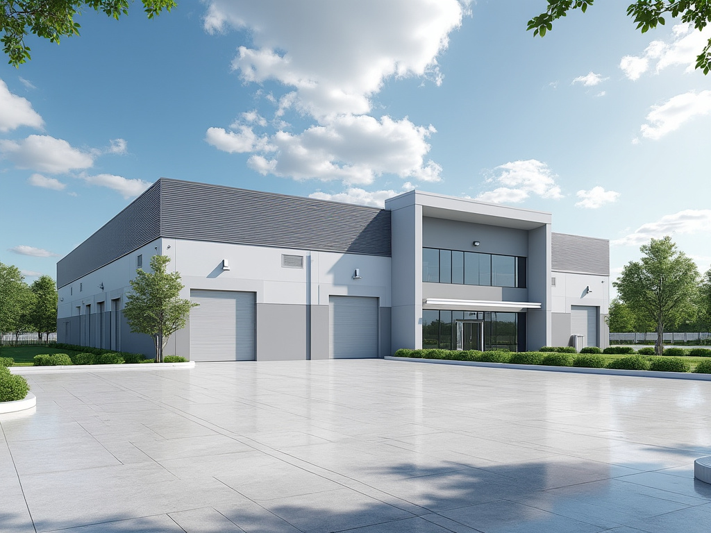 Moderno edificio industrial con fachadas grises, grandes ventanas y una amplia zona de aparcamiento al frente, rodeado de árboles y cielo azul.