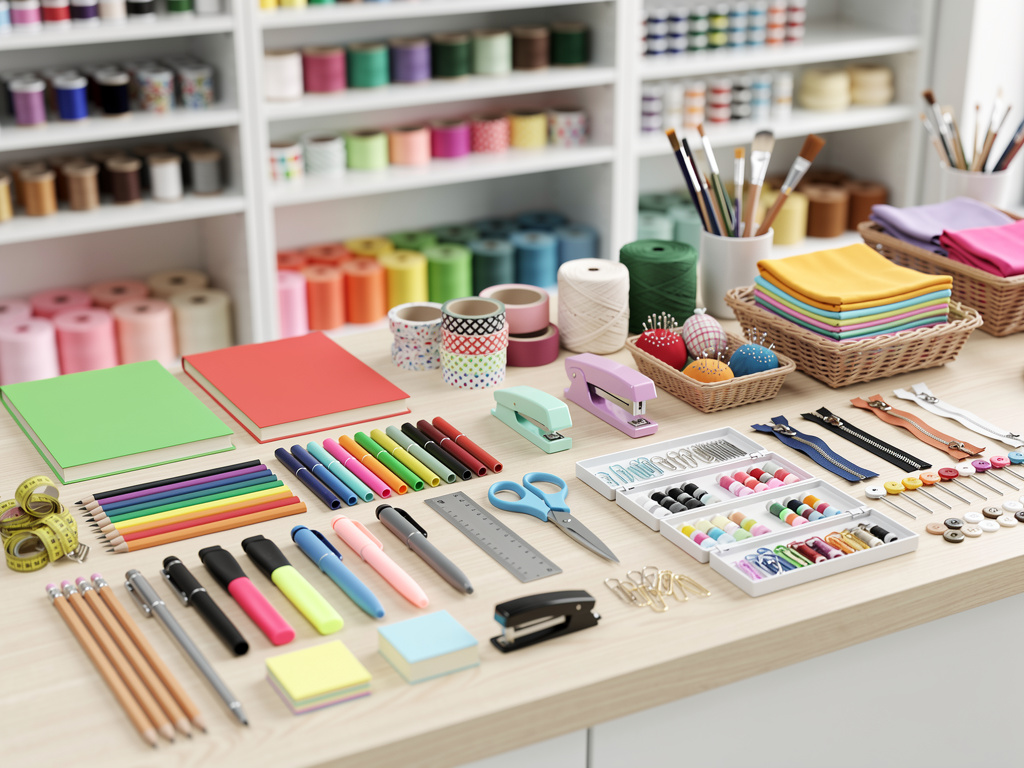 Mesa de manualidades organizada con útiles escolares, hilos, telas, pinceles, botones, cremalleras y materiales de costura coloridos
