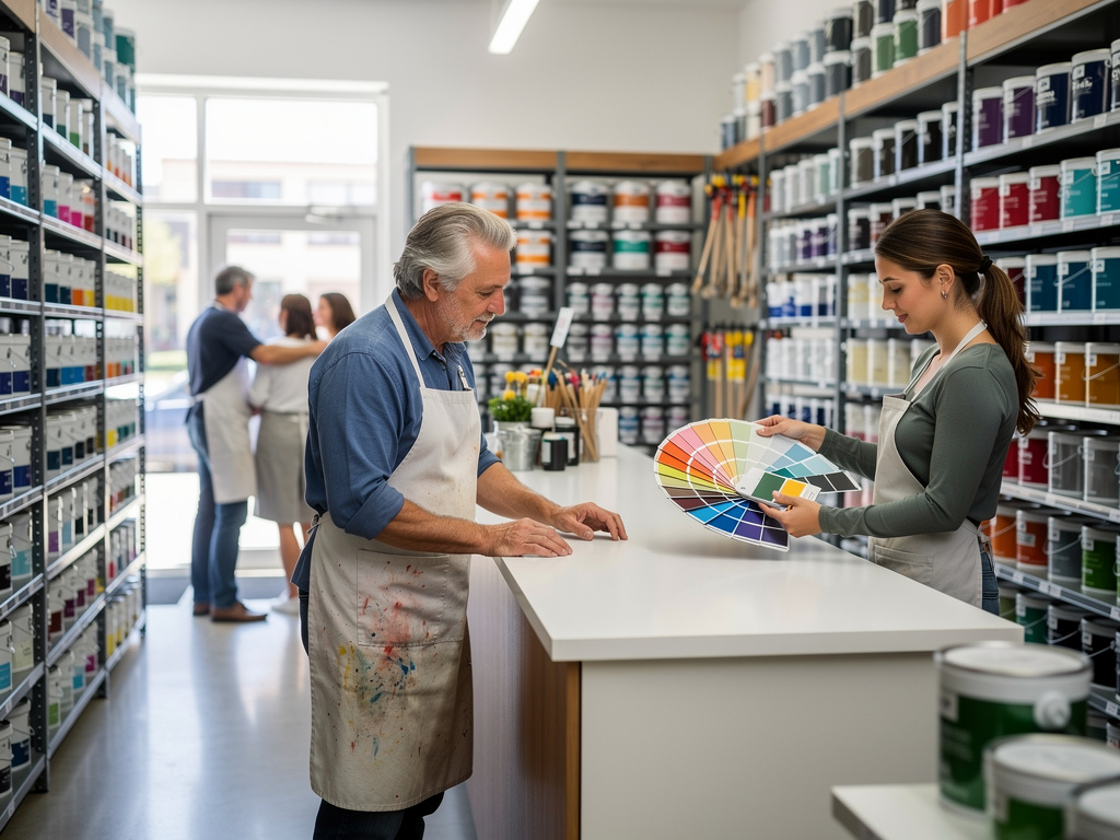 Empleados en tienda de pinturas asesorando a una clienta con muestrario de colores entre estanterías de botes de pintura Empleados en tienda de pinturas asesorando a una clienta con muestrario de colores entre estanterías de botes de pintura