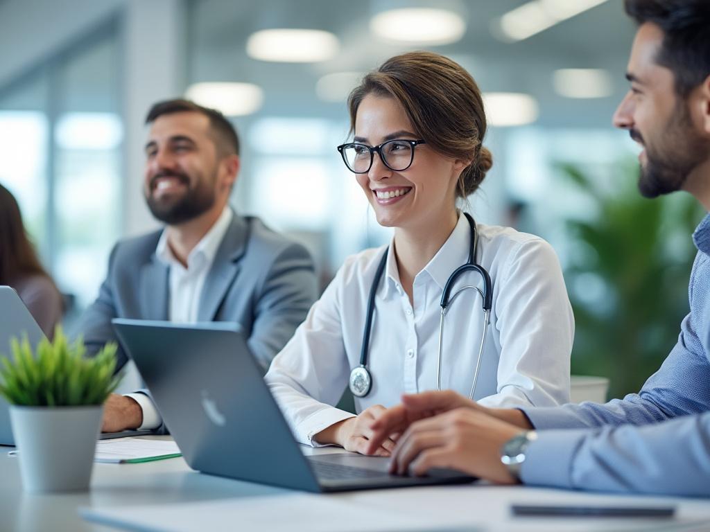 Healthcare professional in white coat smiling at a meeting with colleagues, using a laptop in a bright office.