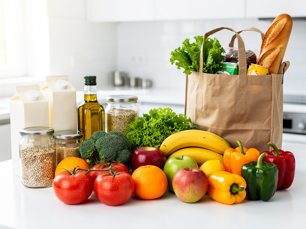 Compra saludable con frutas, verduras frescas, pan, leche, aceite y legumbres en cocina moderna