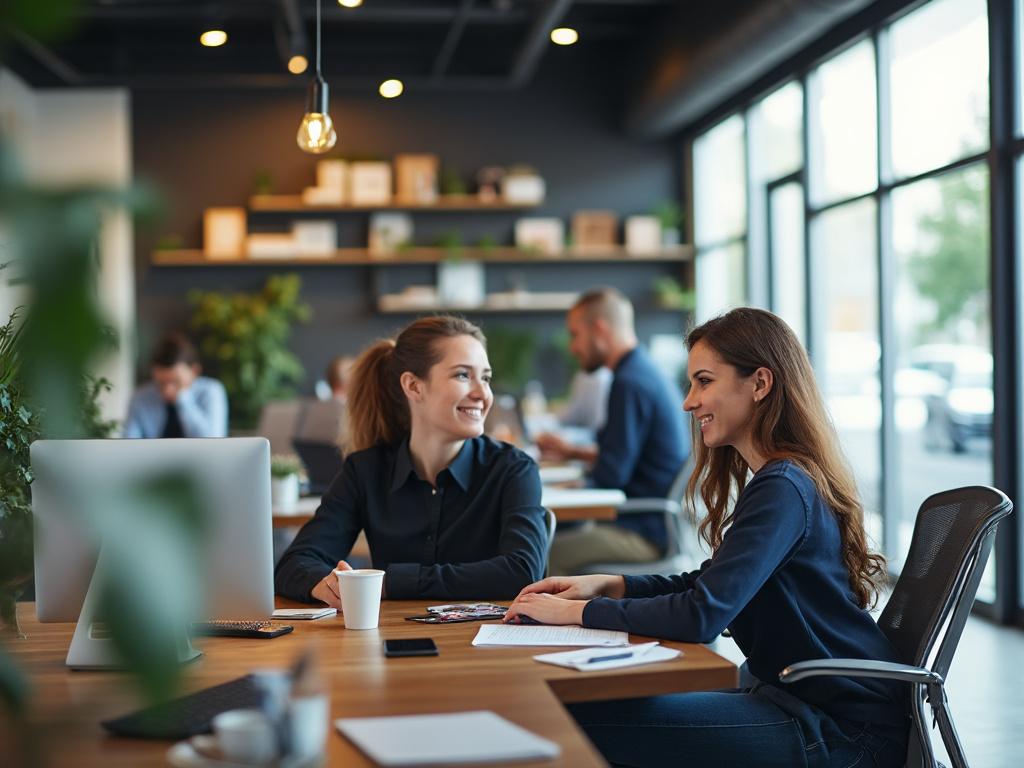 Dos mujeres sonriendo y trabajando juntas en una oficina moderna con iluminación natural y plantas decorativas.