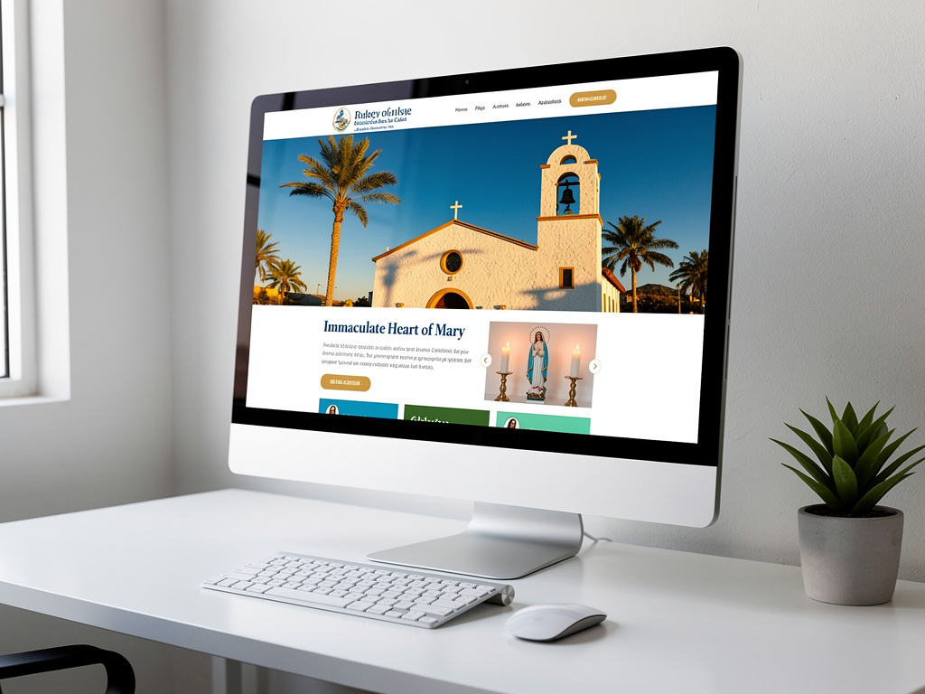 Sitio web de una iglesia católica mostrado en monitor de escritorio con teclado, ratón y planta decorativa
