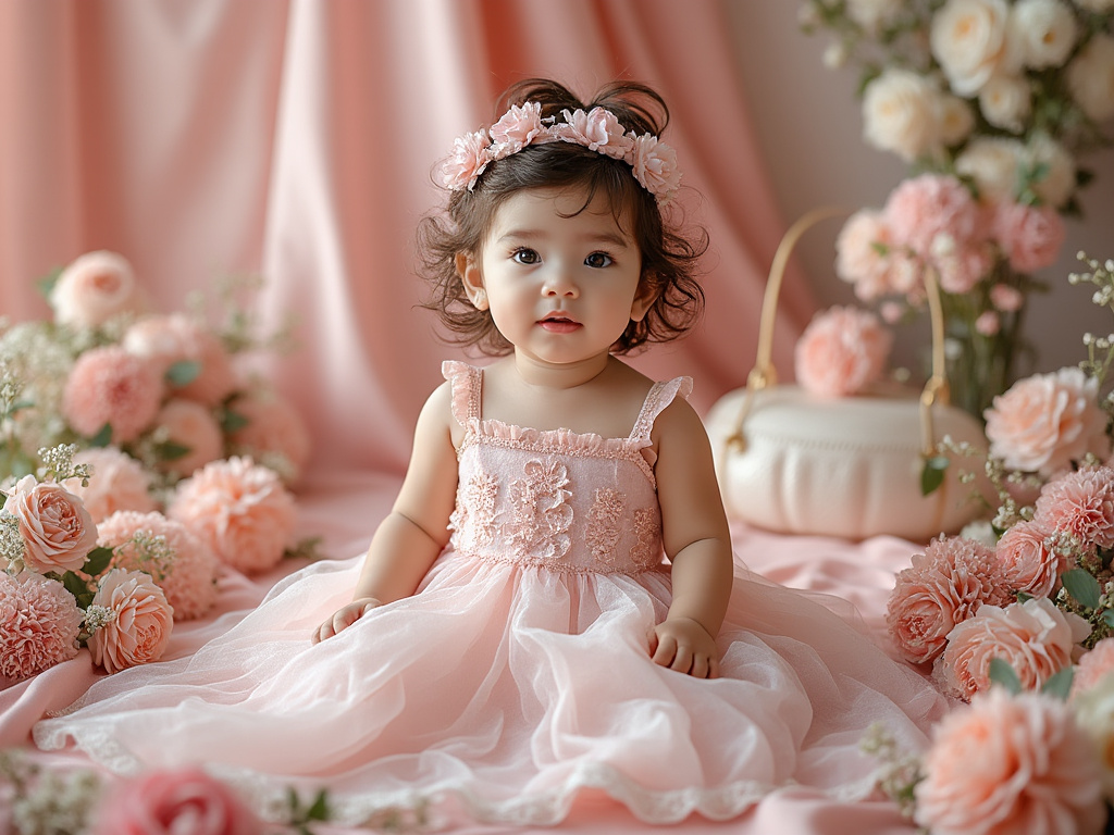 Niña pequeña vestida de rosa con diadema de flores rodeada de rosas y peonías en un ambiente elegante.