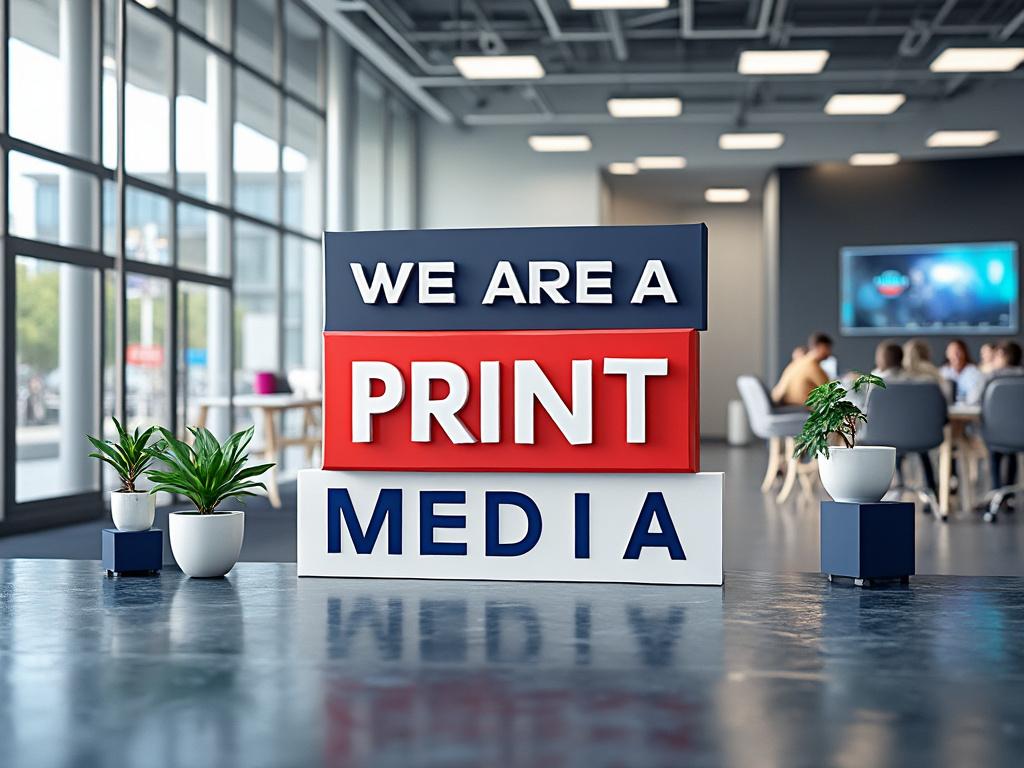 Letrero de 'We Are a Print Media' en una oficina moderna con plantas y personas sentadas en una mesa de fondo.