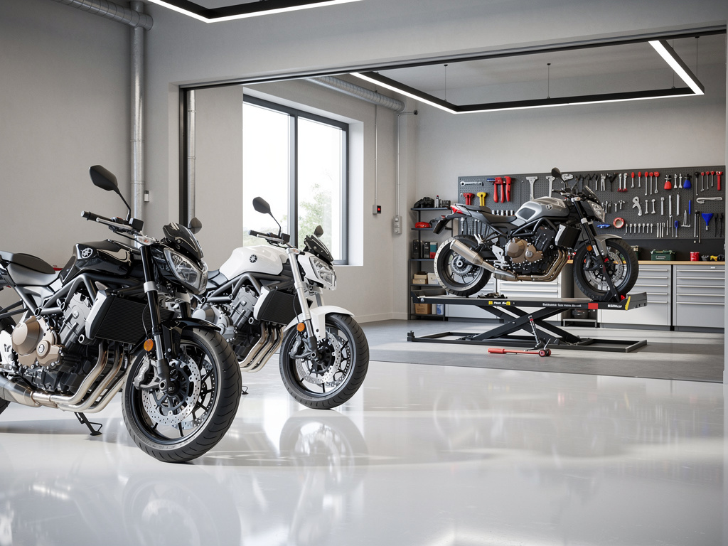 Taller moderno de motocicletas con motos deportivas, elevador hidráulico y pared de herramientas