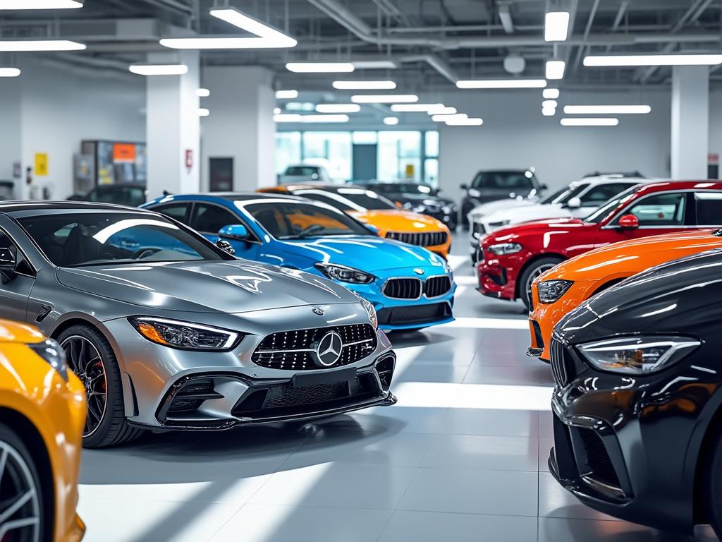 Luxury cars including a silver Mercedes-Benz, blue BMW, and orange sports cars displayed in a modern showroom.
