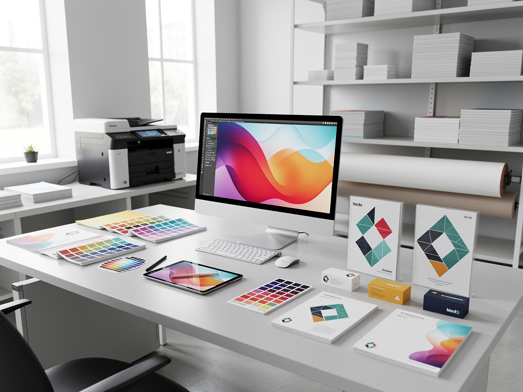 Estudio de diseño gráfico con ordenador, impresora, paletas de colores y materiales de branding sobre escritorio

