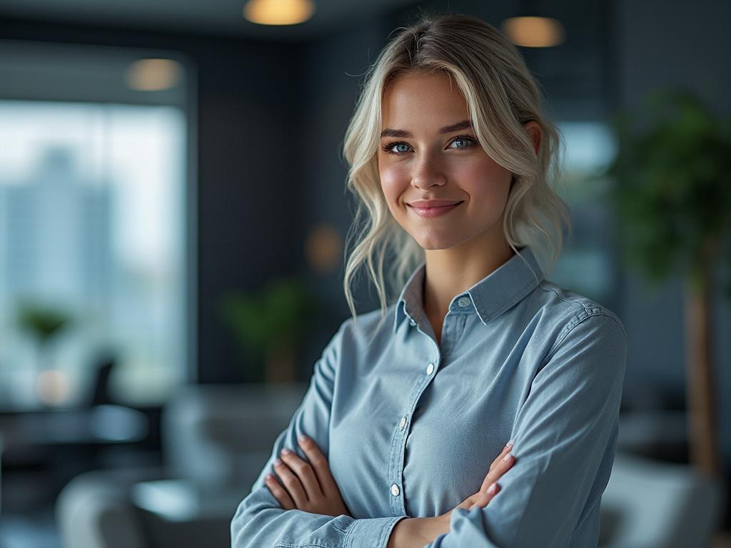Retrato de una mujer joven sonriendo en una oficina moderna con luz natural y plantas de fondo.