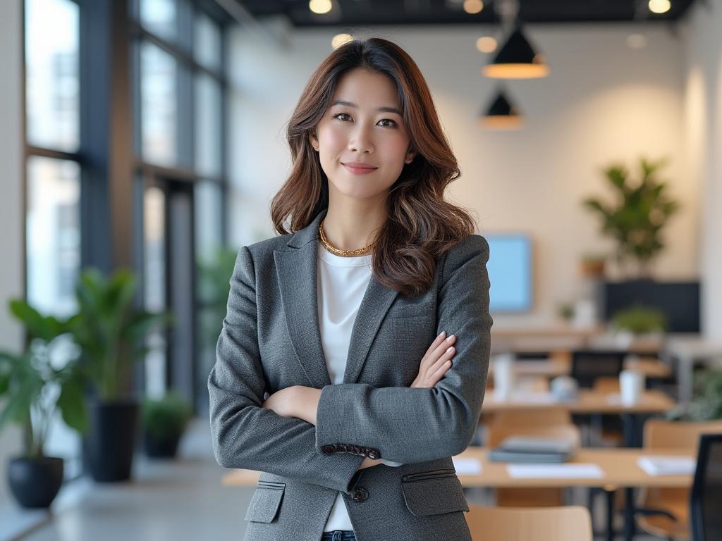 Persona de negocios con traje gris en oficina moderna, con plantas y mesas de trabajo en el fondo.