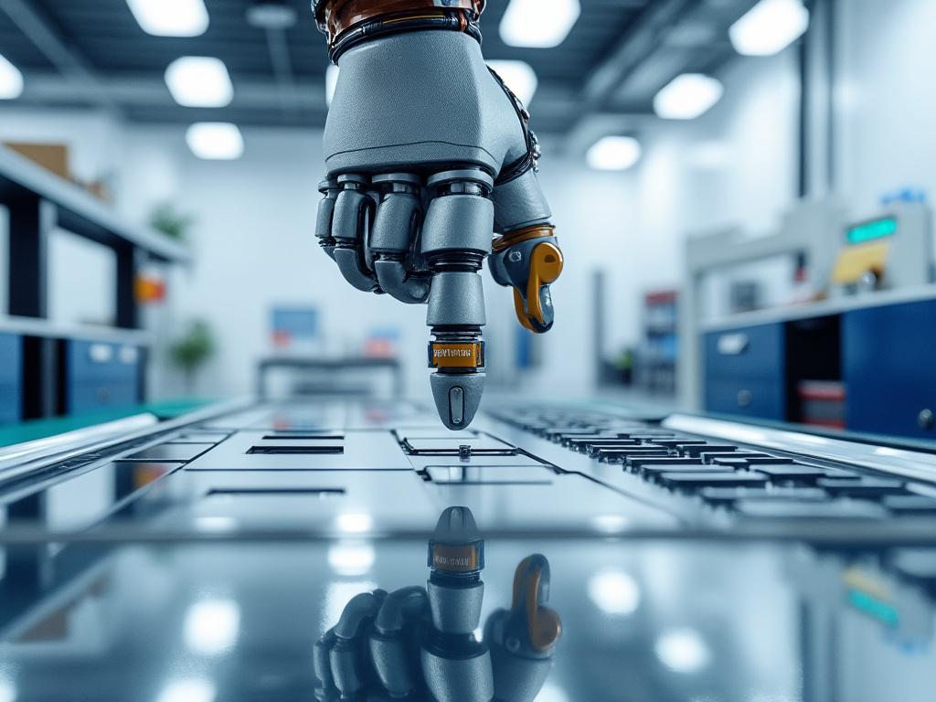 Mano robótica pulsando un botón en una fábrica moderna, tecnología avanzada en la industria.