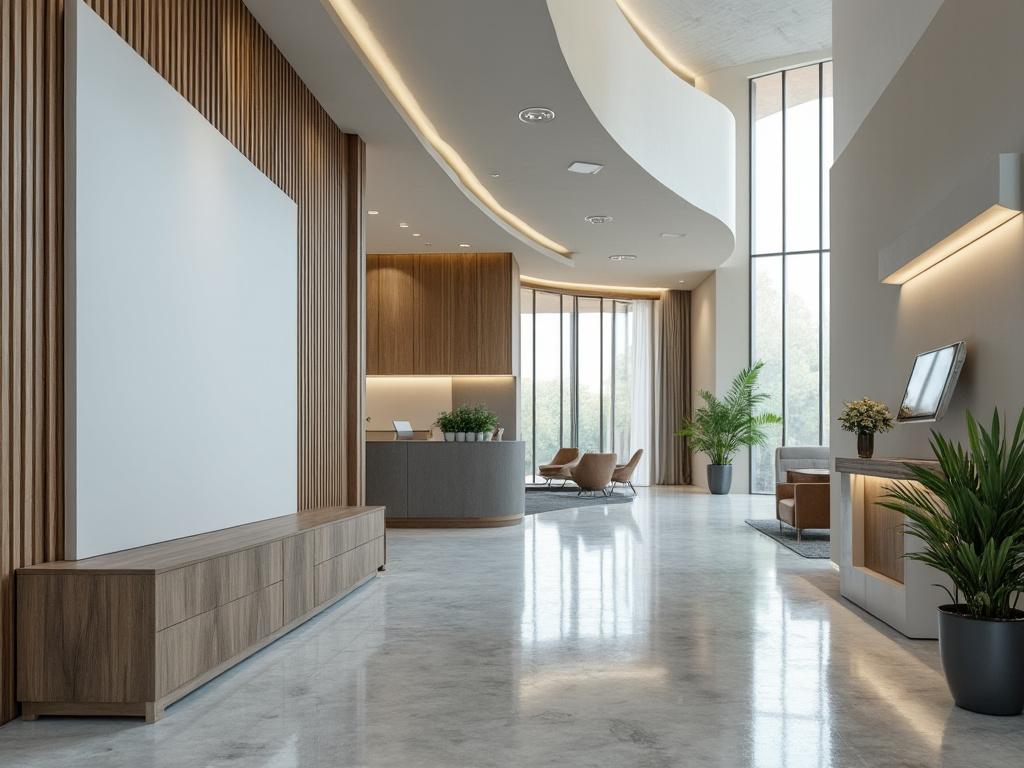 Modern minimalist lobby with sleek wood paneling, large windows, and contemporary furniture including armchairs and plants.