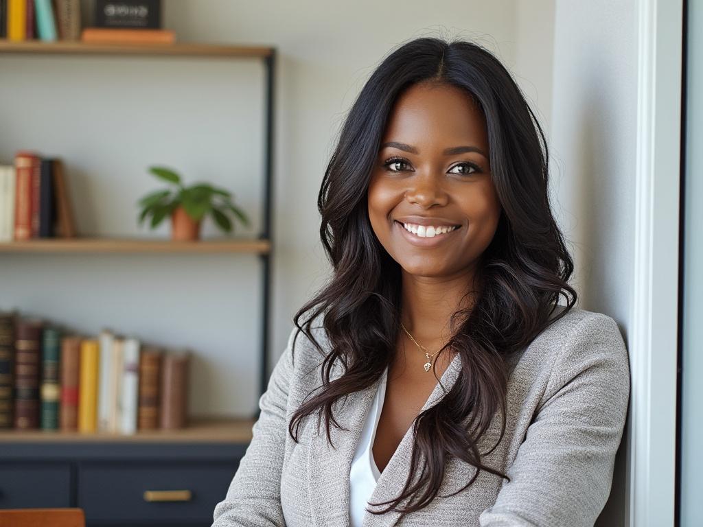 Smiling woman in professional attire sitting by a window with bookshelves in the background.
