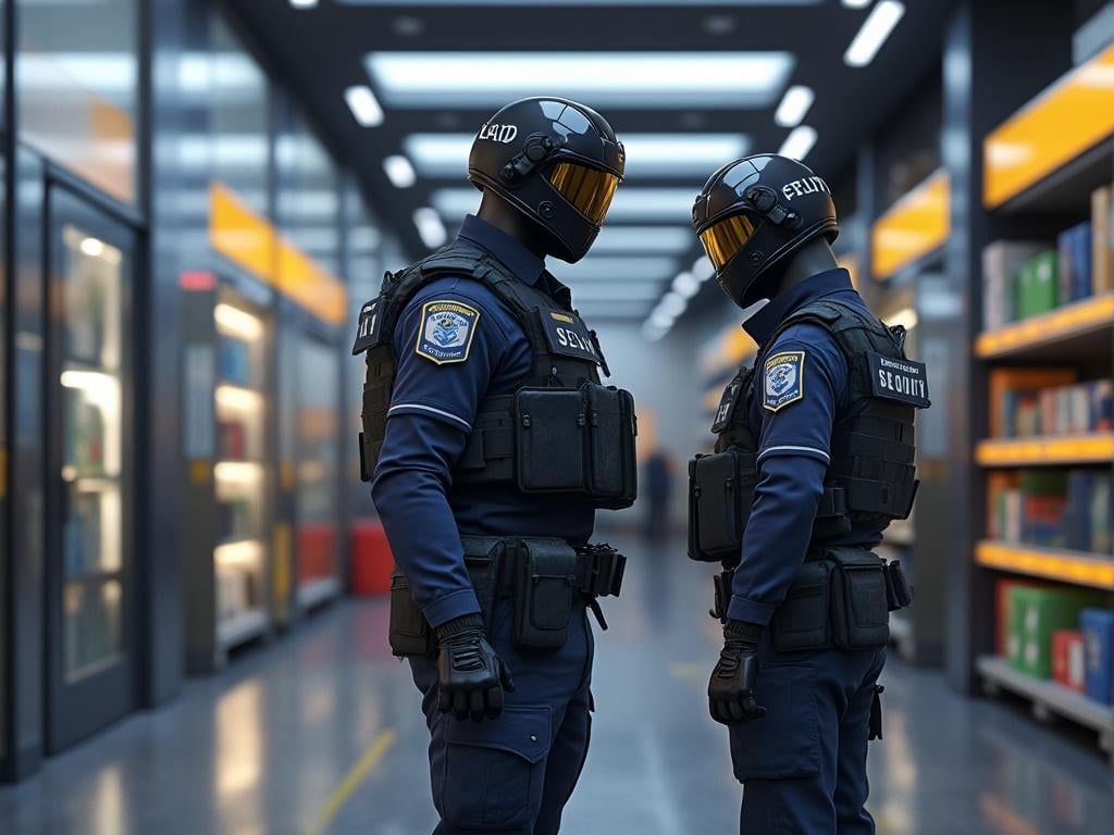 Dos guardias de seguridad con cascos de visor en un pasillo de tienda con estantes iluminados de fondo.