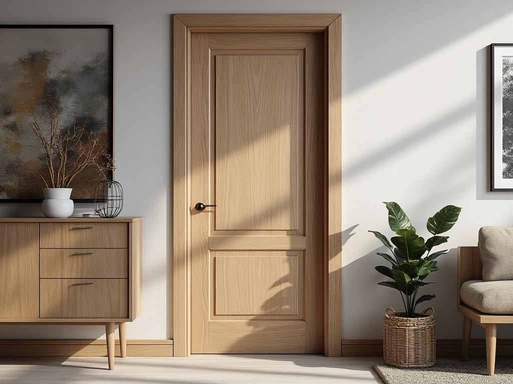 Modern interior with oak wooden door, sideboard, abstract artwork, green potted plant, and cozy armchair in natural light.