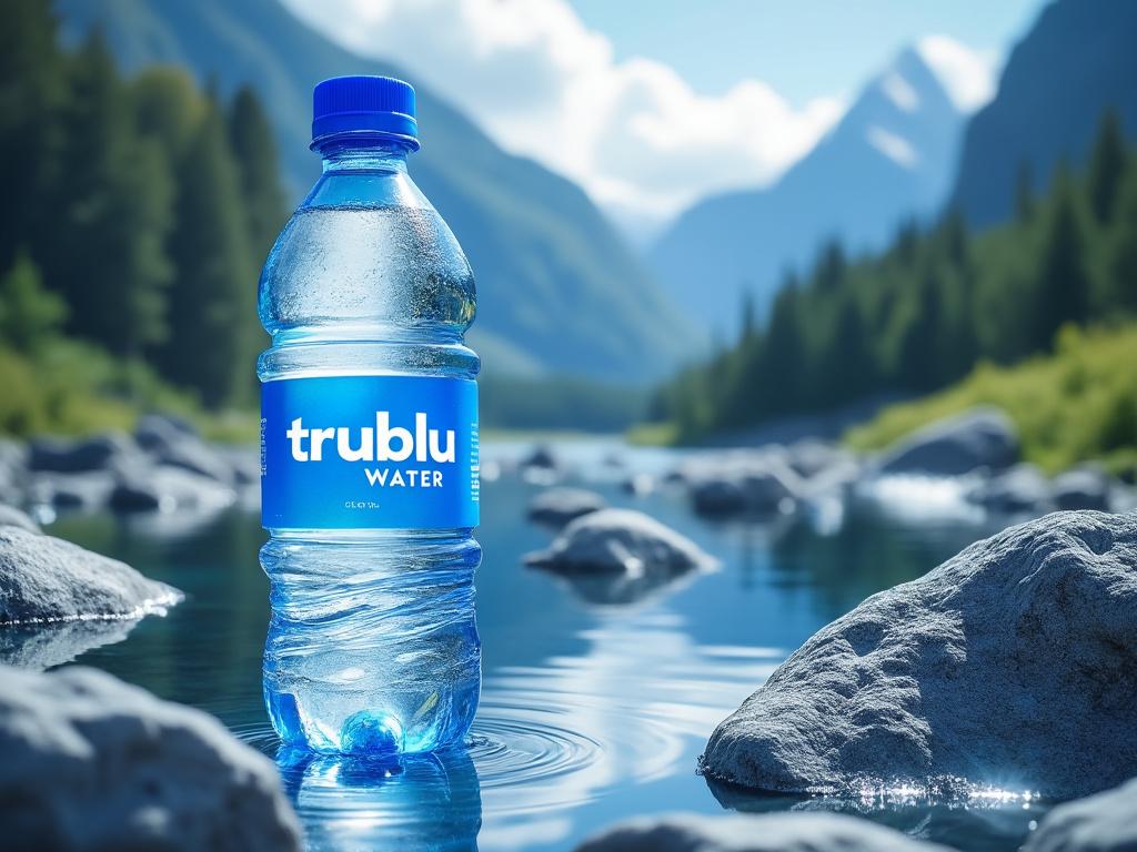 Trublu Water bottle standing on a rock in a clear mountainous river with a scenic alpine background.