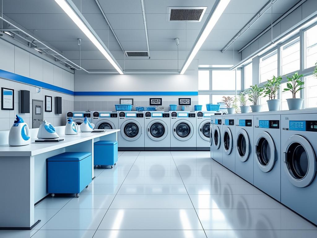 Moderna lavandería automática con máquinas de lavado, mesa de trabajo y plantas decorativas. Moderna lavandería automática con máquinas de lavado, mesa de trabajo y plantas decorativas.