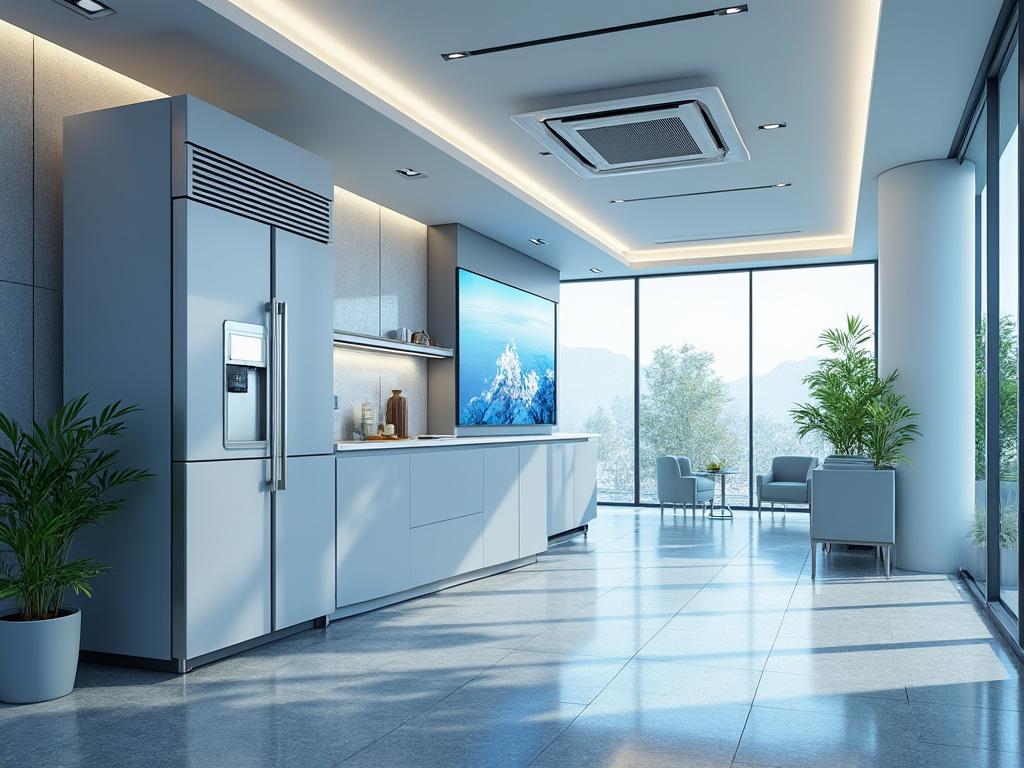 Interior moderno de cocina con nevera de acero inoxidable, pantalla grande, plantas en maceta y vista panorámica a través de ventanales.