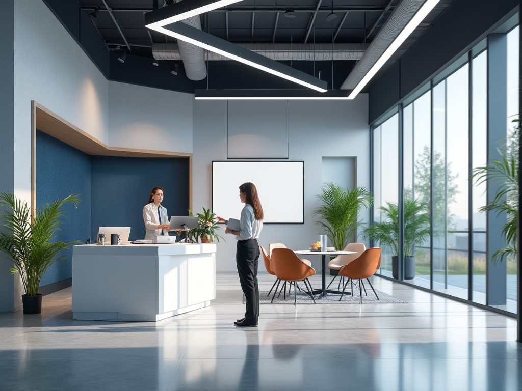 Recepción moderna en oficina con grandes ventanales, planta decorativa y dos personas interactuando. Recepción moderna en oficina con grandes ventanales, planta decorativa y dos personas interactuando.