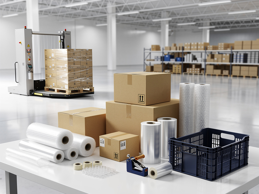 Materiales de embalaje en almacén logístico con cajas de cartón, film plástico, burbujas y máquina enfardadora de palets