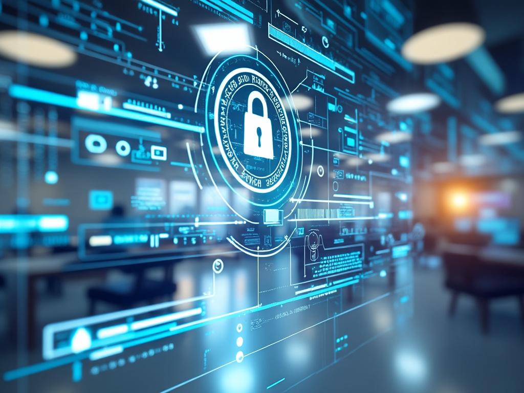 Ilustración de un candado digital en un entorno futurista, simbolizando ciberseguridad y protección de datos.