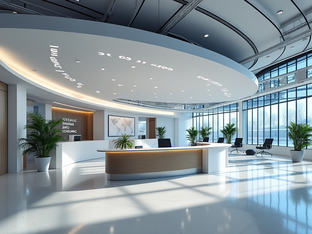 Recepción moderna de oficina corporativa con mostrador curvo, grandes ventanales, plantas y diseño interior futurista