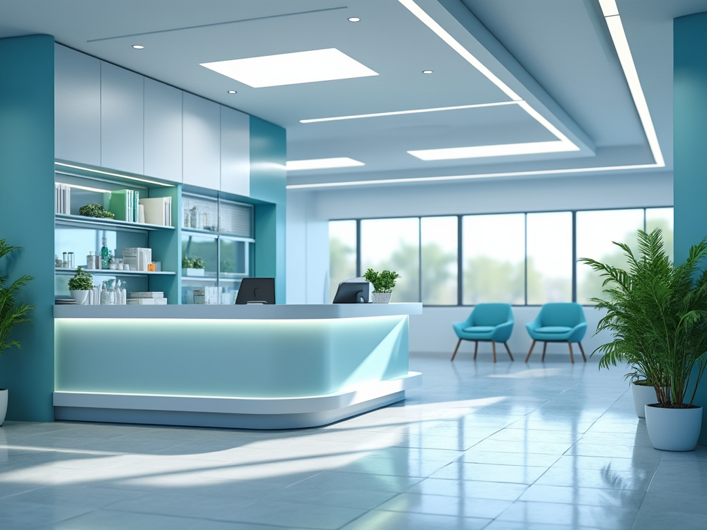 Recepción moderna con mostrador iluminado, plantas decorativas y sillas azules en un espacio amplio y luminoso.