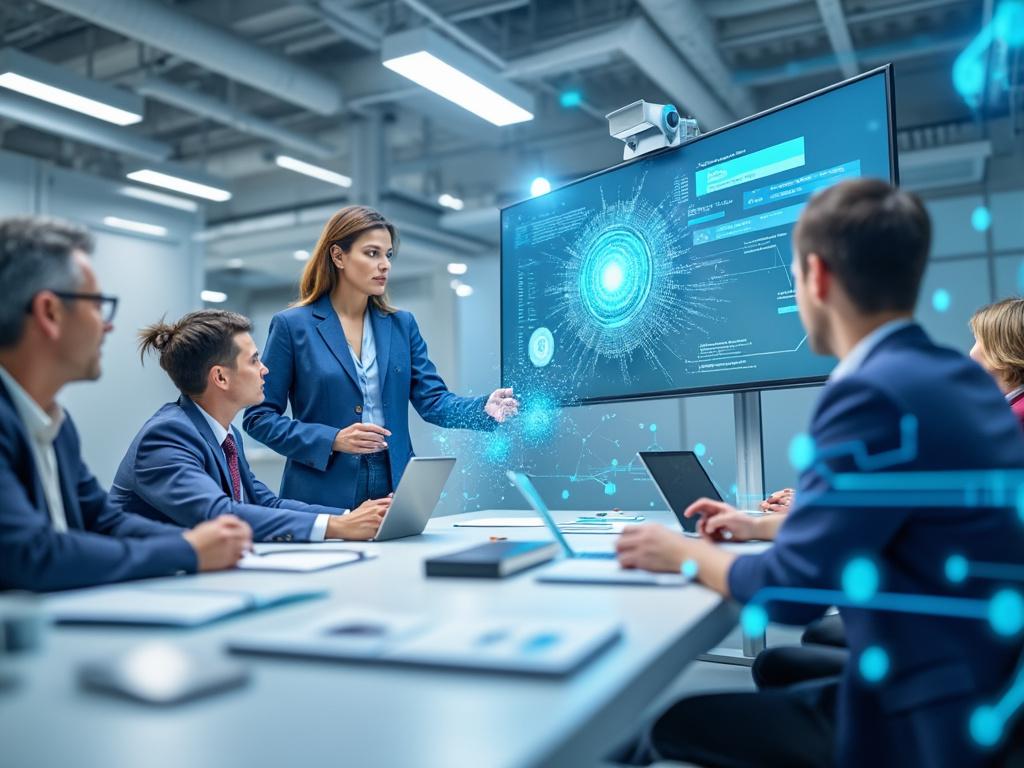 Business meeting with diverse professionals discussing data on a futuristic digital screen in a modern conference room.