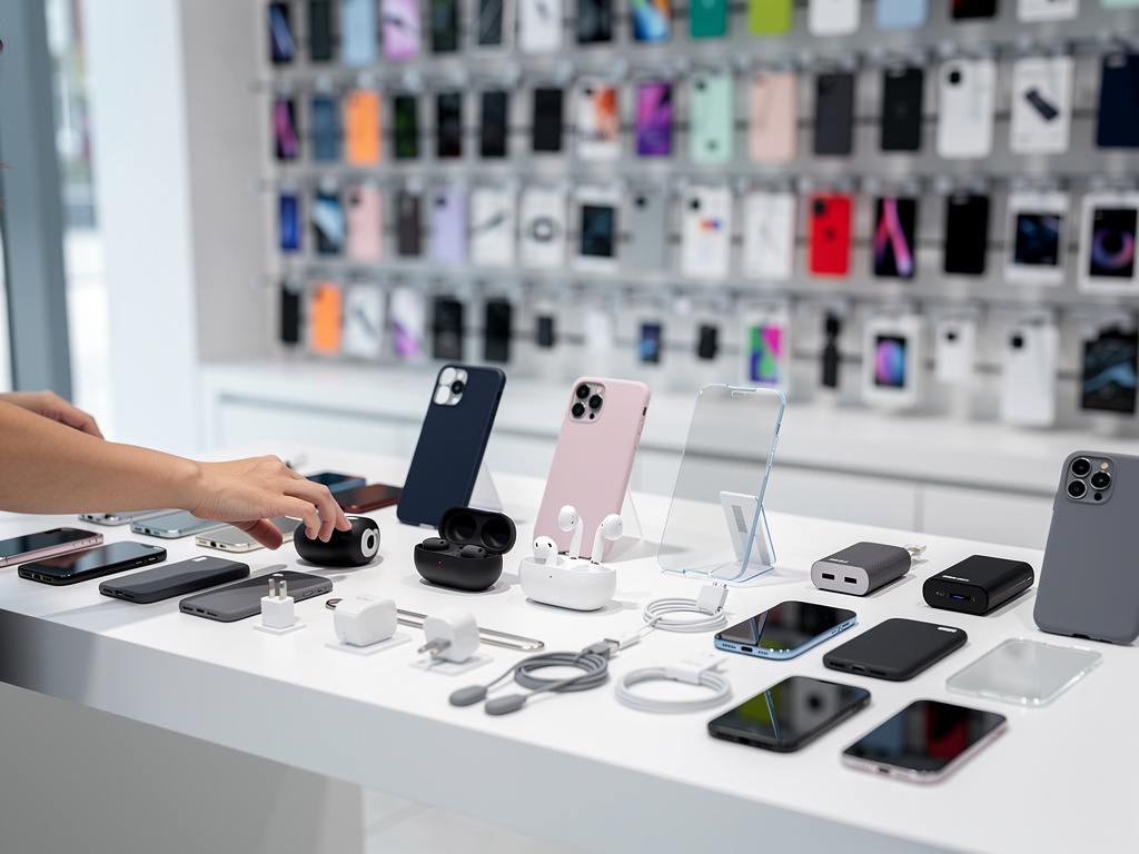 Accesorios para teléfonos móviles en tienda: auriculares inalámbricos, fundas, cargadores y smartphones en exhibición