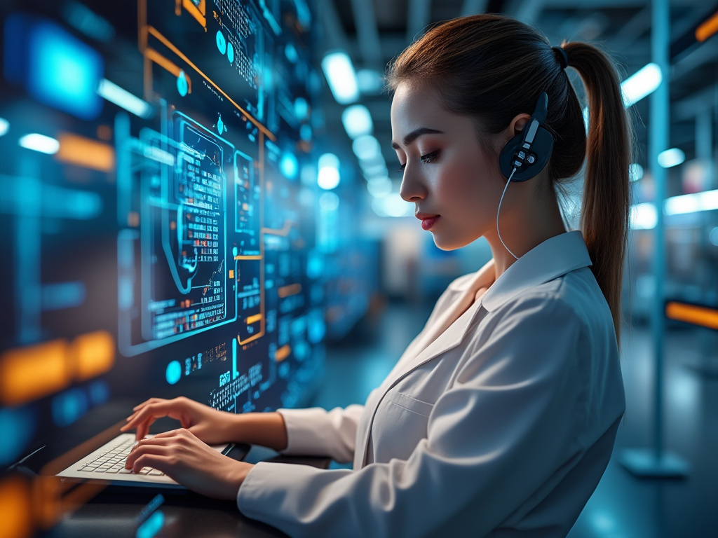Técnica de soporte con auriculares trabajando en interfaz digital futurista en centro de datos