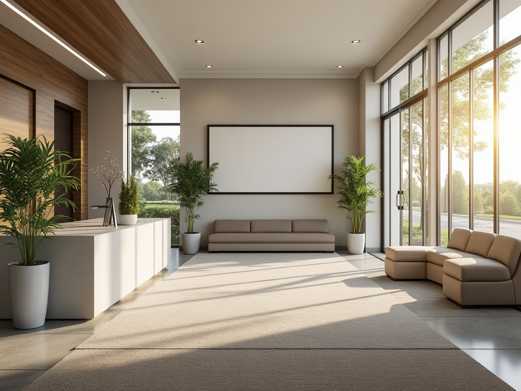 Vestíbulo moderno y luminoso con muebles beige, plantas en macetas y ventanales grandes. Vestíbulo moderno y luminoso con muebles beige, plantas en macetas y ventanales grandes.