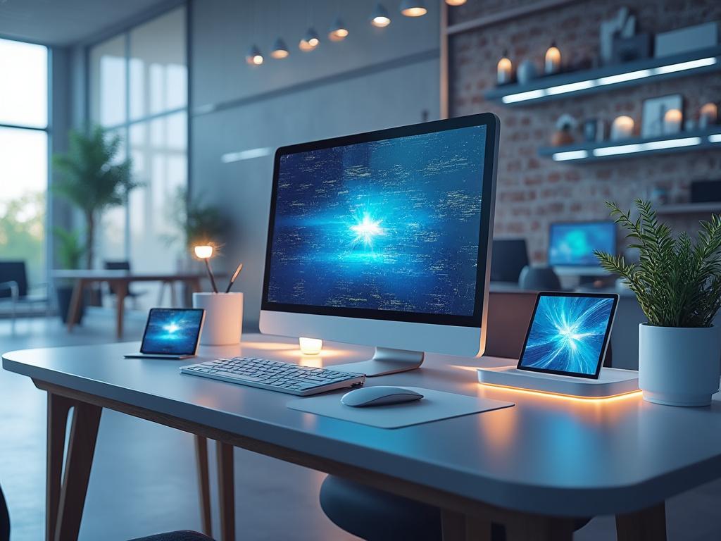 Oficina moderna con computadora de escritorio encendida, acompañada de tabletas, teclado y planta sobre escritorio.