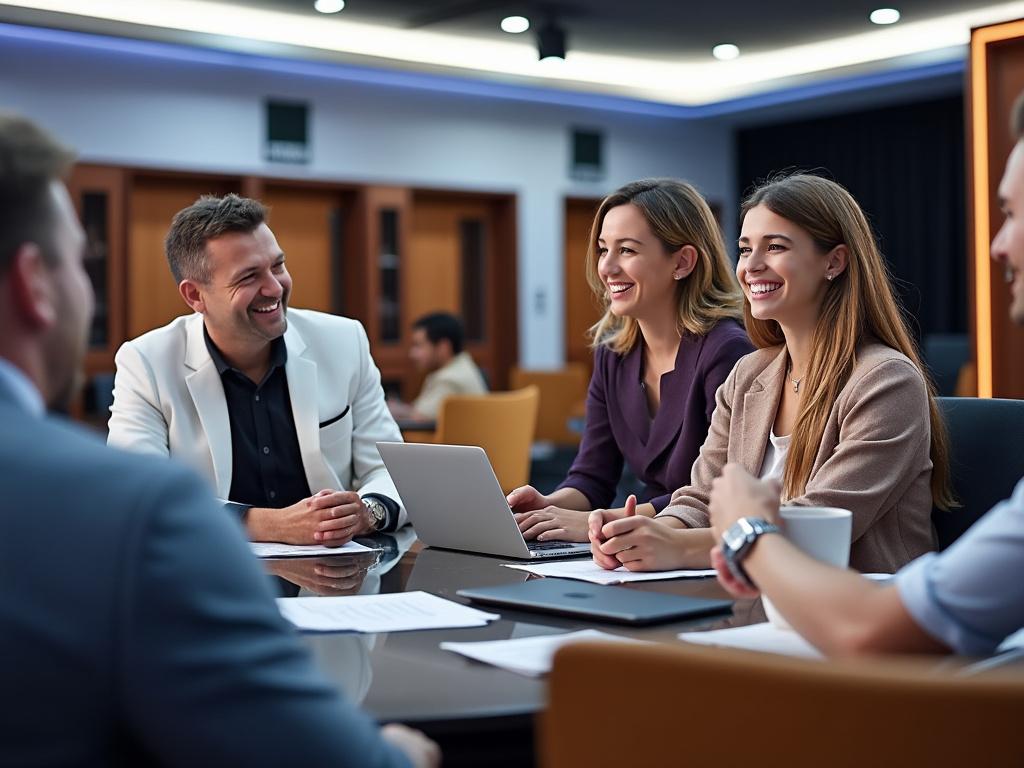 Business meeting with four diverse professionals smiling and discussing around a table, using a laptop and papers in a modern office setting.